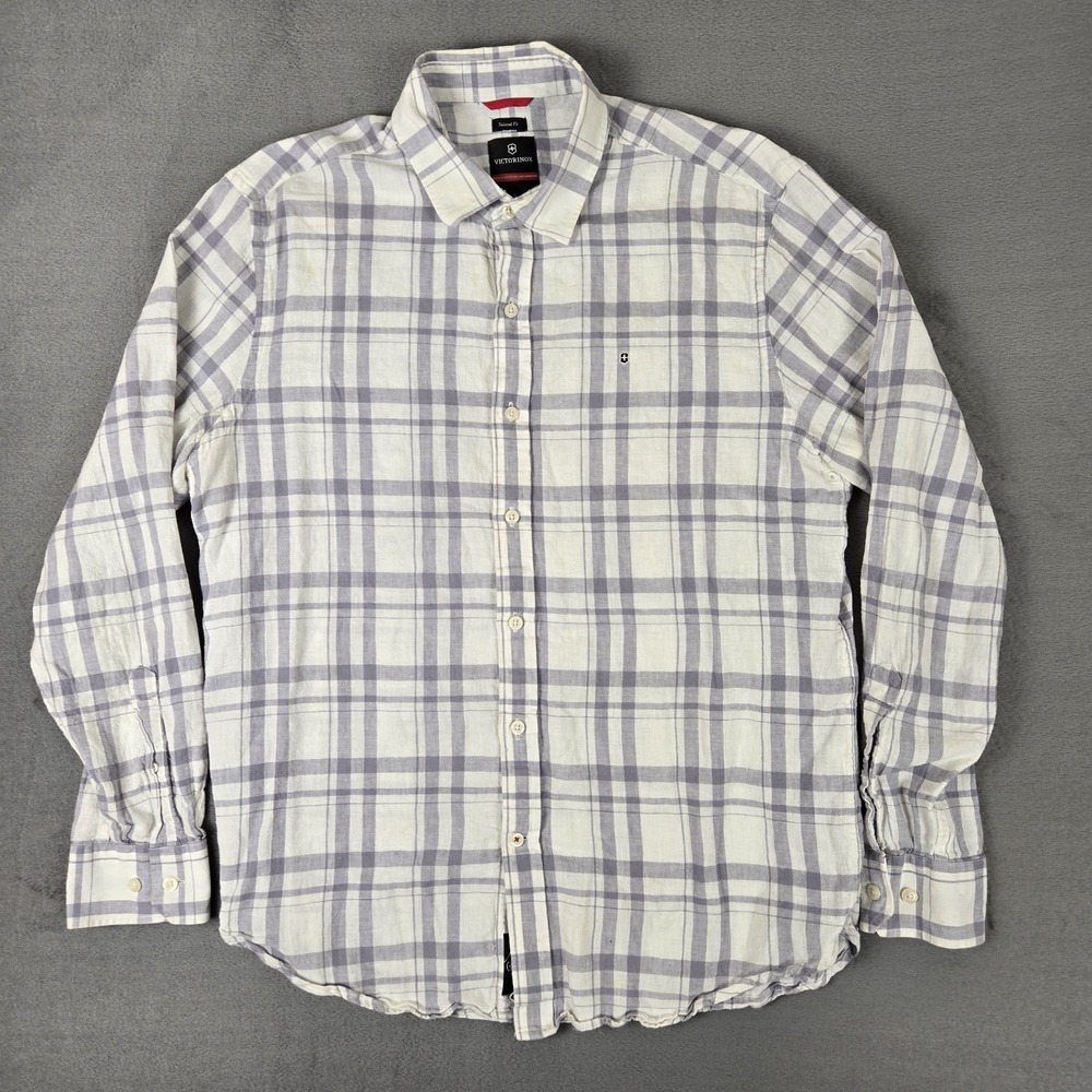 Victorinox shirt Mens Large Gray White Plaid Linen Blend Button Up Preppy Casual